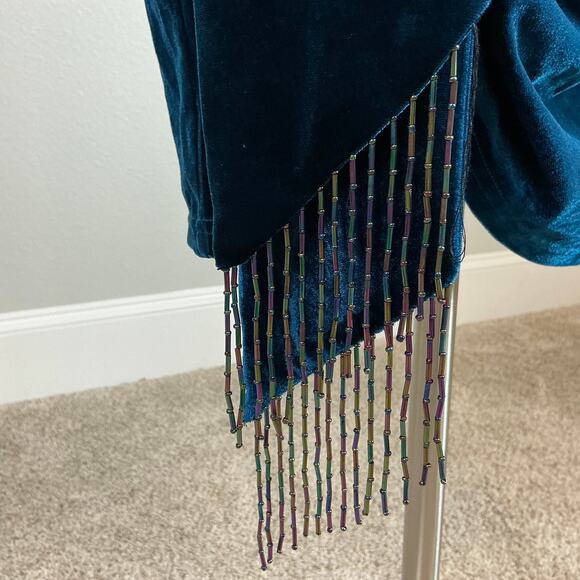 Tahari ASL Long Sleeve Velvet Sheath Cocktail Dress Blue Size 16 Beaded Sash - Picture 10 of 15